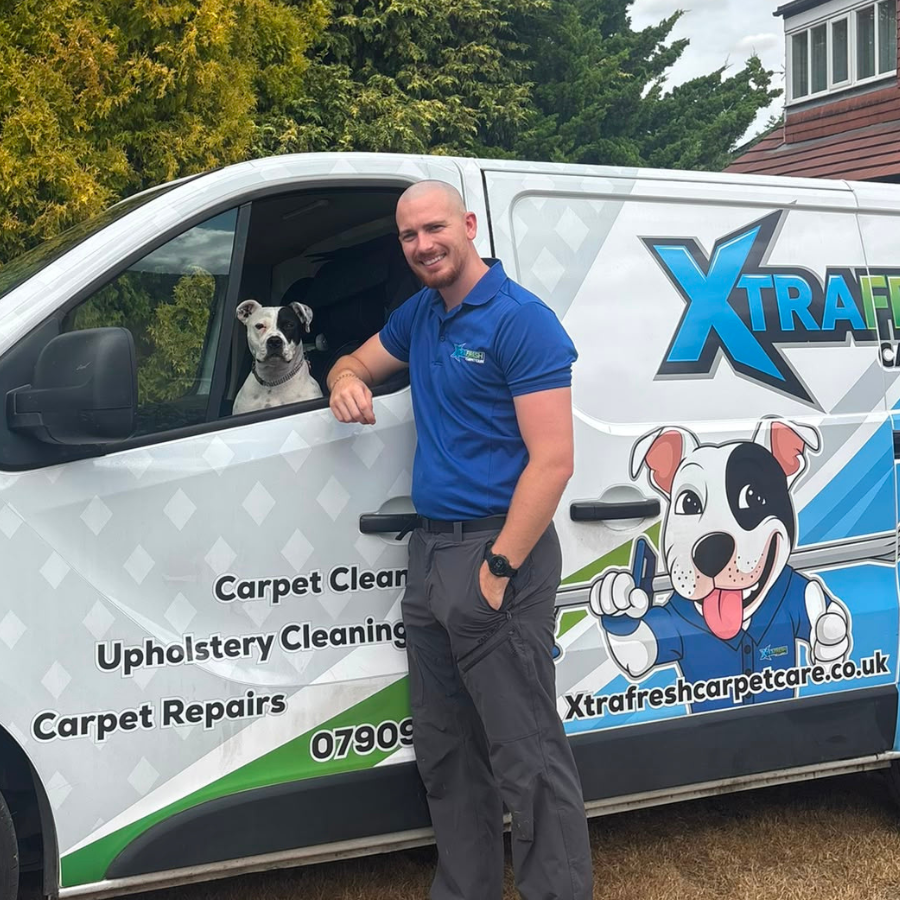Jake and Rolah the dog in the XtraFresh Carpet Care van