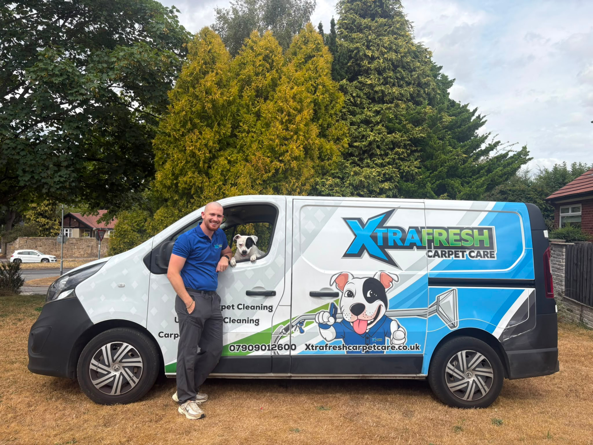 Jake with the XtraFresh Carpet Care van and his dog in Rotherham