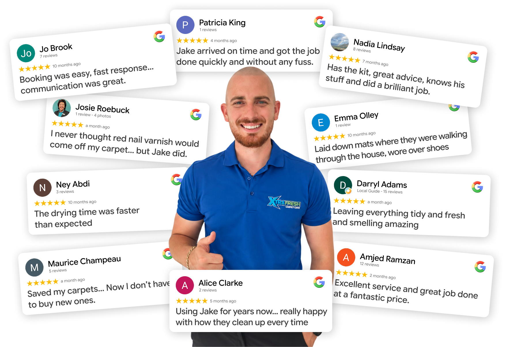 Jake from XtraFresh Carpet Care surrounded by 5-star Google reviews