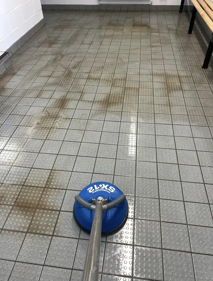 Restored tiled hallway floor in Rotherham after professional cleaning, shown before and after, before professional cleaning